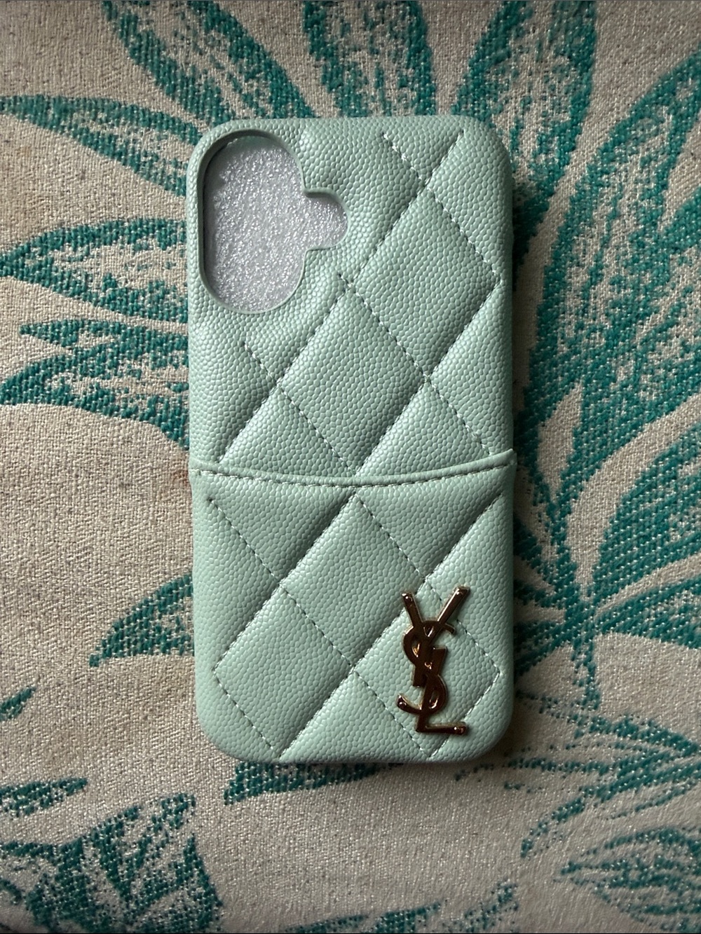 YSL Quilted Mint Green IPhone Case 16 with Gold Emblem